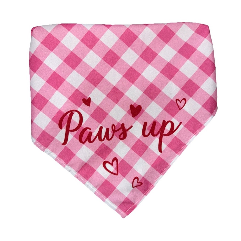 Pet Bandana Pink gingham with white checks. With Caption "Paws up" OS